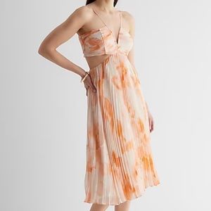 Floral V-Neck Pleated Cutout Midi Dress